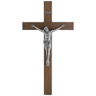20144PV Crucifixo em Madeira Nobre Cristo em Metal Prata Velha 48cm