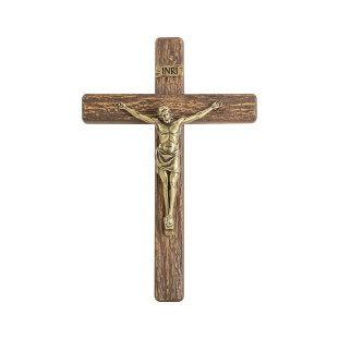 20173OVMAD Crucifixo em Metal com Acabamento Amadeirado Cristo Ouro Velho 18cm