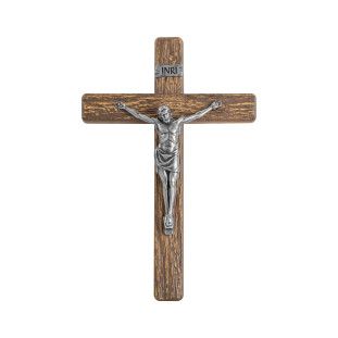 20173PVMAD Crucifixo em Metal com Acabamento Amadeirado Cristo Prata Velha 18cm