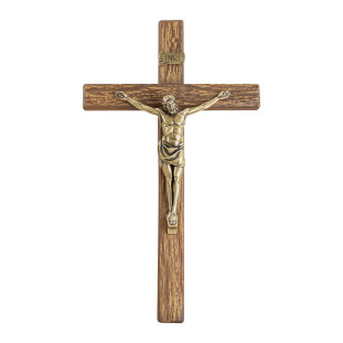 20204OVMAD Crucifixo em Metal com Acabamento Amadeirado Cristo Ouro Velho 29cm