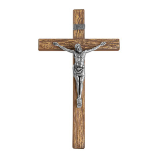 20204PVMAD Crucifixo em Metal com Acabamento Amadeirado Cristo Prata Velha 29cm