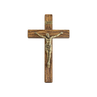 20205OVMAD Crucifixo em Metal com Acabamento Amadeirado Cristo Ouro Velho 13cm
