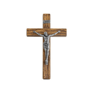 20205PVMAD Crucifixo em Metal com Acabamento Amadeirado Cristo Prata Velha 13cm