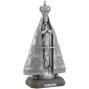 20209PVBASE Imagem Nossa Senhora Aparecida em Metal Prata Velha 23cm