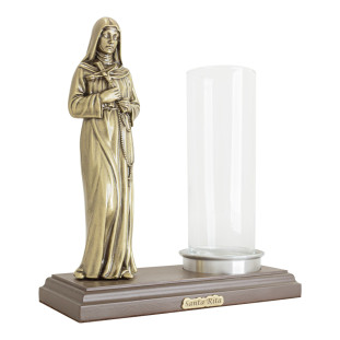 20243OVVL Imagem Santa Rita de Cássia em Metal Ouro Velho com Porta Velas/Rosas 21cm