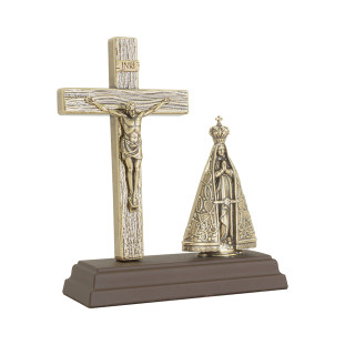 20413OV Oratório Crucifixo com Imagem de N Sra Aparecida Ouro Velho 15cm