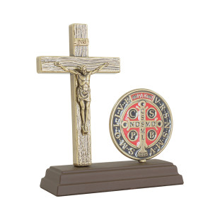 20414OV Oratório Crucifixo com Medalha de São Bento Ouro Velho 15cm