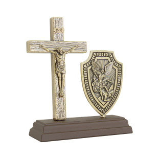 20502OV Oratório Crucifixo com Imagem de São Miguel Arcanjo Ouro Velho 15cm