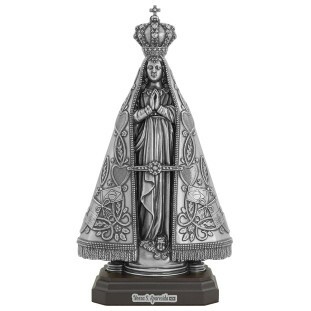 20710PVBASE Imagem Nossa Senhora Aparecida em Metal Prata Velha 33cm