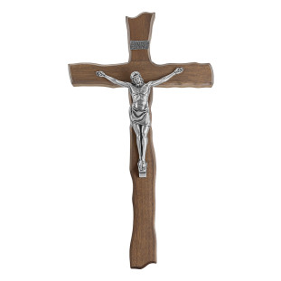 9754PV Crucifixo em Madeira Nobre Cristo em Metal Prata Velha 39cm