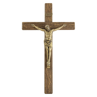 9956OVMAD Crucifixo em Metal com Acabamento Amadeirado Cristo Ouro Velho 34cm