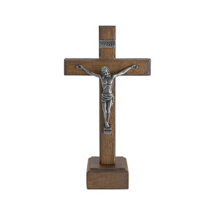 20111PV Crucifixo em Madeira Nobre Cristo em Metal Prata Velha 15cm