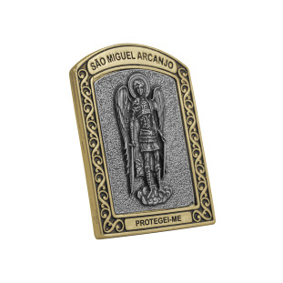 9980DOUPV Quadro de São Miguel Arcanjo com Oração Dourado com Prata Velha 6cm