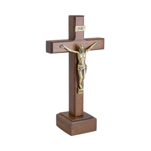 20111OV Crucifixo em Madeira Nobre Cristo em Metal Ouro Velho 15cm