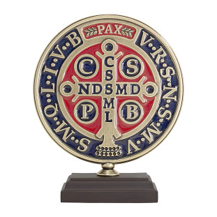 20157OV Medalha de São Bento com base em madeira Ouro Velho 13cm