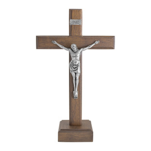20110PV Crucifixo em Madeira Nobre Cristo em Metal Prata Velha 20cm