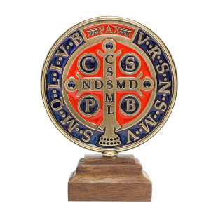 20085OV Medalha de São Bento com base em madeira Ouro Velho 9cm