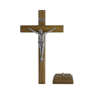 20075PV Crucifixo em Madeira Nobre Cristo em Metal Prata Velha 28cm