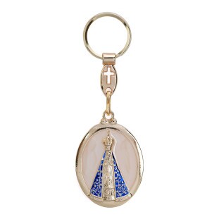 9249DOU Chaveiro Nossa Senhora Aparecida Dourado com Resina cor Pérola