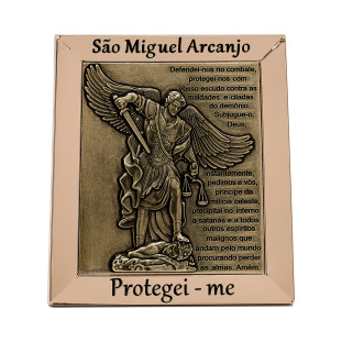 9591DOUPV Quadro de São Miguel Arcanjo com Oração Dourado com Prata Velha 12cm