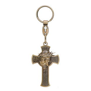 9555OV Chaveiro Crucifixo Face de Cristo Ouro Velho