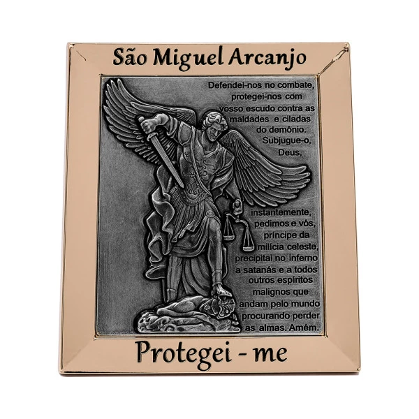 9591DOUPV Quadro de São Miguel Arcanjo com Oração Dourado com Prata Velha 12cm