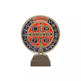 20085OV Medalha de São Bento com base em madeira Ouro Velho 9cm
