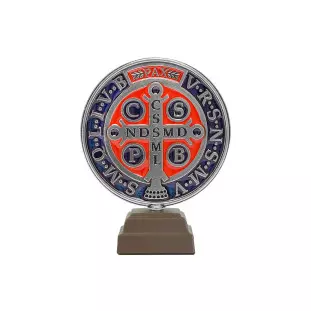 20085PV Medalha de São Bento com base em madeira Prata Velha 9cm