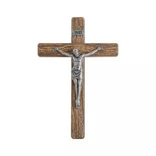 20173PVMAD Crucifixo em Metal com Acabamento Amadeirado Cristo Prata Velha 18cm