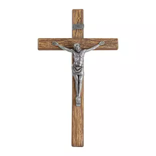 20204PVMAD Crucifixo em Metal com Acabamento Amadeirado Cristo Prata Velha 29cm