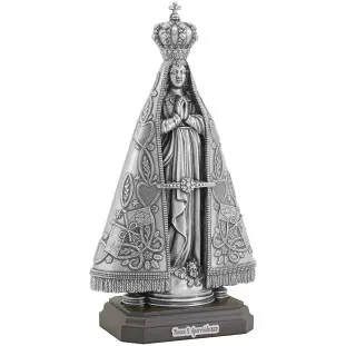 20209PVBASE Imagem Nossa Senhora Aparecida em Metal Prata Velha 23cm