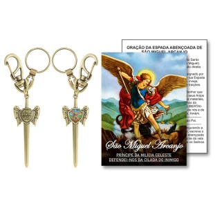 20354OV Chaveiro Espada de São Miguel Arcanjo Ouro Velho 9,5cm