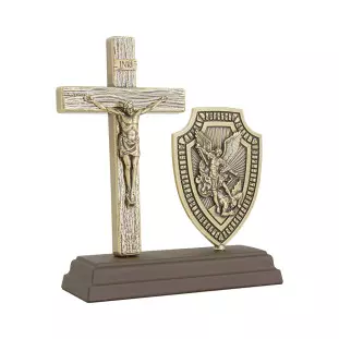 20502OV Oratório Crucifixo com Imagem de São Miguel Arcanjo Ouro Velho 15cm