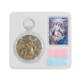 20508NQOV Medalhão de Berço Anjo Protetor Níquel com Ouro Velho