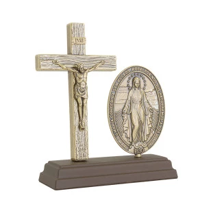 20567OV Oratório Crucifixo com Imagem de Nossa Senhora das Graças Ouro Velho 15cm