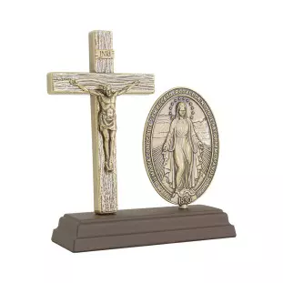 20567OV Oratório Crucifixo com Imagem de Nossa Senhora das Graças Ouro Velho 15cm