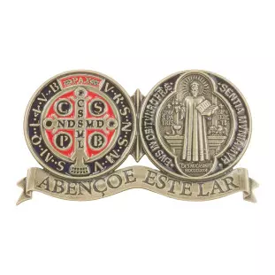 20675OV Adorno Medalha de São Bento Abençoe Este Lar com Dupla Face Ouro Velho 12cm