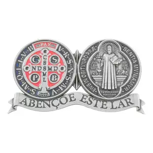20675PV Adorno Medalha de São Bento Abençoe Este Lar com Dupla Face Prata Velha 12cm