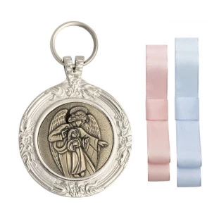 9566NQOV Medalhão de Berço Anjo Protetor Níquel com Ouro Velho
