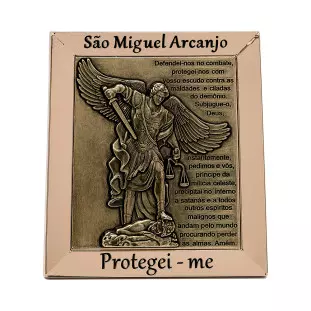 9591DOUOV Quadro de São Miguel Arcanjo com Oração Dourado com Ouro Velho 12cm