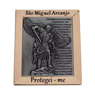 9591DOUPV Quadro de São Miguel Arcanjo com Oração Dourado com Prata Velha 12cm