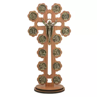 9920OVBASE Crucifixo Via Sacra em MDF com Passagens e Cristo Ressuscitado em Metal de Mesa 29cm