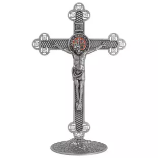 9929PVSS Crucifixo com a Medalha de São Bento Prata Velha 25cm Com Strass