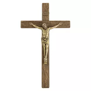9956OVMAD Crucifixo em Metal com Acabamento Amadeirado Cristo Ouro Velho 34cm