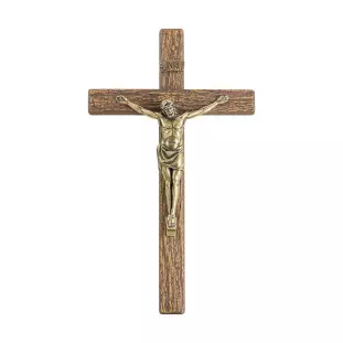 9968OVMAD Crucifixo em Metal com Acabamento Amadeirado Cristo Ouro Velho 25cm