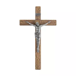 9968PVMAD Crucifixo em Metal com Acabamento Amadeirado Cristo Prata Velha 25cm