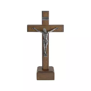 20111PV Crucifixo em Madeira Nobre Cristo em Metal Prata Velha 15cm