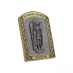 9980DOUPV Quadro de São Miguel Arcanjo com Oração Dourado com Prata Velha 6cm