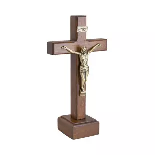 20111OV Crucifixo em Madeira Nobre Cristo em Metal Ouro Velho 15cm