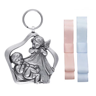 9825PV Medalhão de Berço Anjo e Bebê Prata Velha